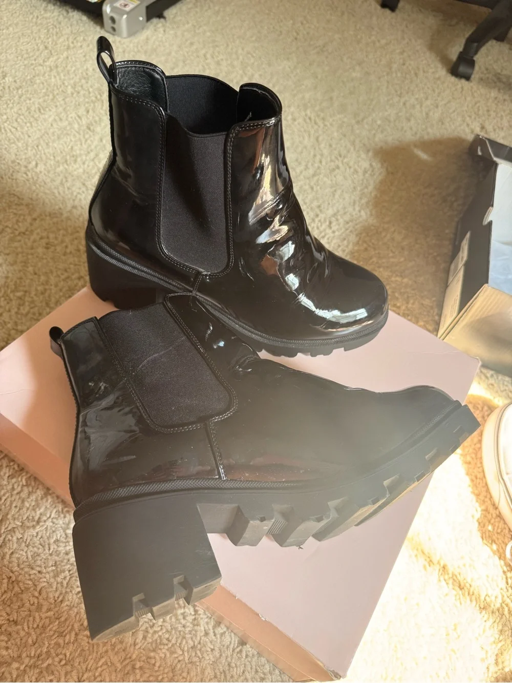 JustFab Black Patent Chelsea Lug Sole Ankle Boots